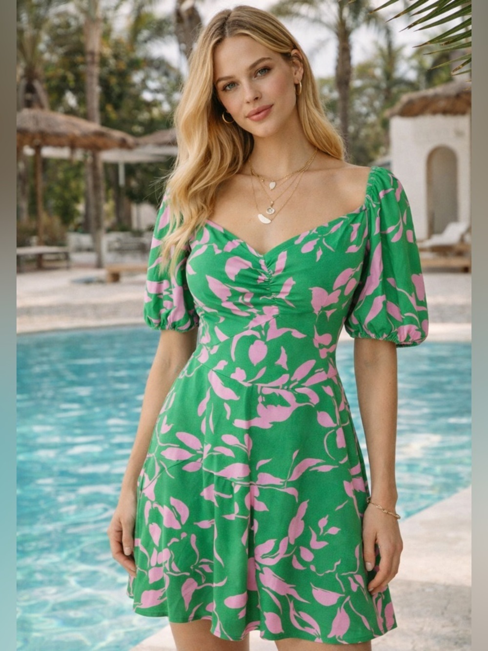 Vero Moda Green Pink Floral Mini Dress Puff Sleeve Size Large
